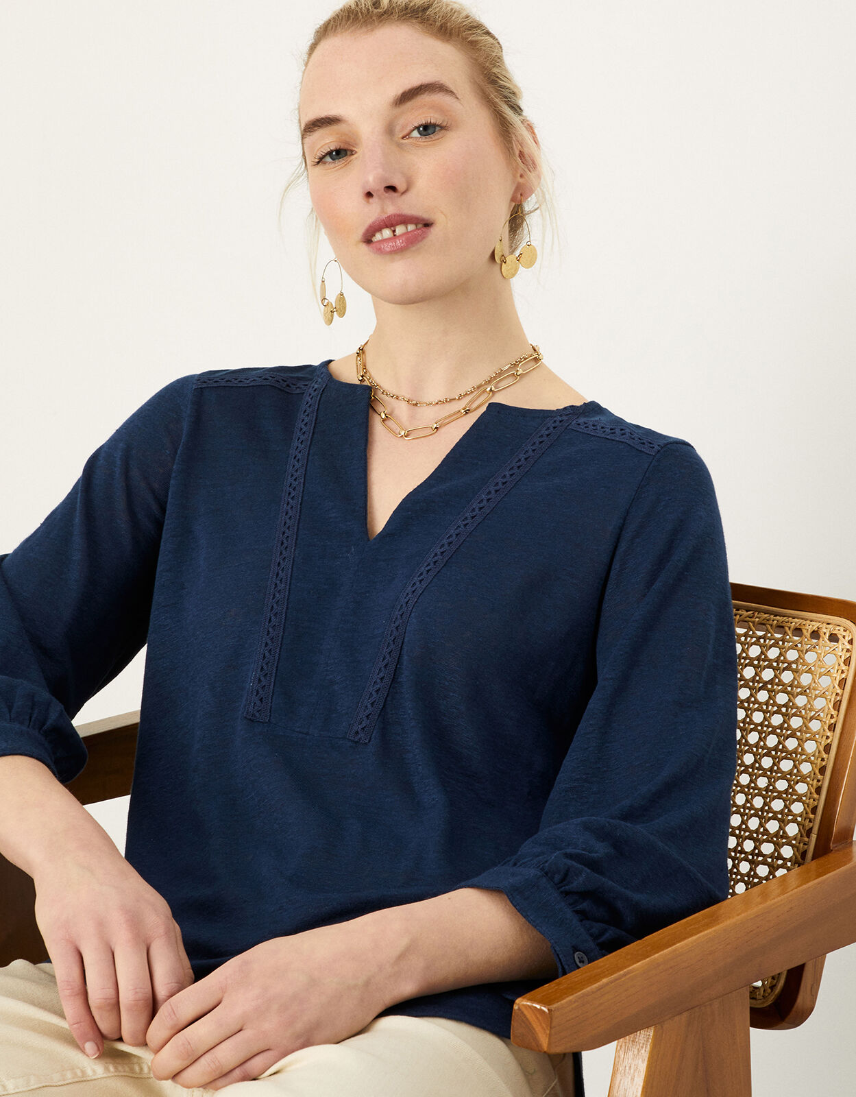 Plain Detail Linen Long Sleeve Top Blue 