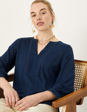 Plain Detail Linen Long Sleeve Top, Blue (NAVY), large