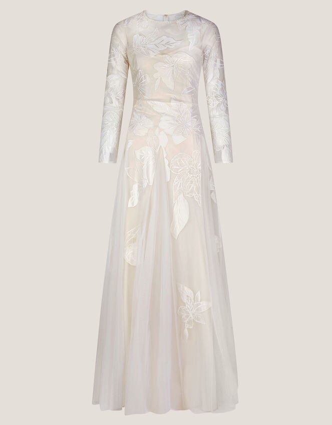 Milena Long Sleeve Floral Embroidered Mesh Wedding Dress, Ivory (IVORY), large