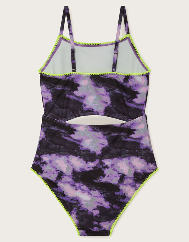 Marble Print Cut-Out Swimsuit, Purple (PURPLE), large