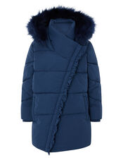 Ruffle Asymmetric Padded Coat with Recycled Fabric, Blue (NAVY), large