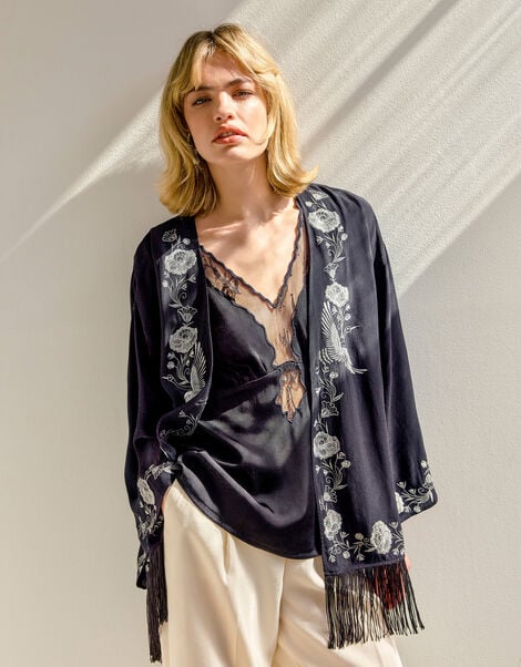 Erin Embroidered Fringe Jacket, Black (BLACK), large