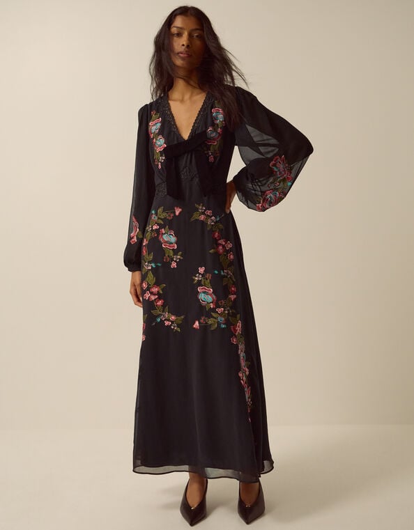 Margot Long Sleeve Floral Embroidered Midi Dress, Black (BLACK), large