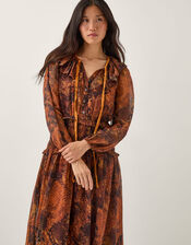 Synthia Snake Print Smocked Midi Dress, Yellow (OCHRE), large