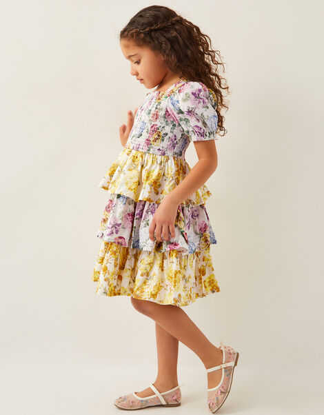 Floral Print Puff Sleeve Tiered Dress, Yellow (YELLOW), large
