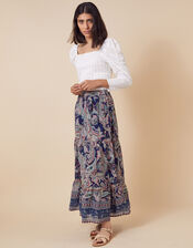 Paisley Print Tiered Midi Skirt, Blue (BLUE), large