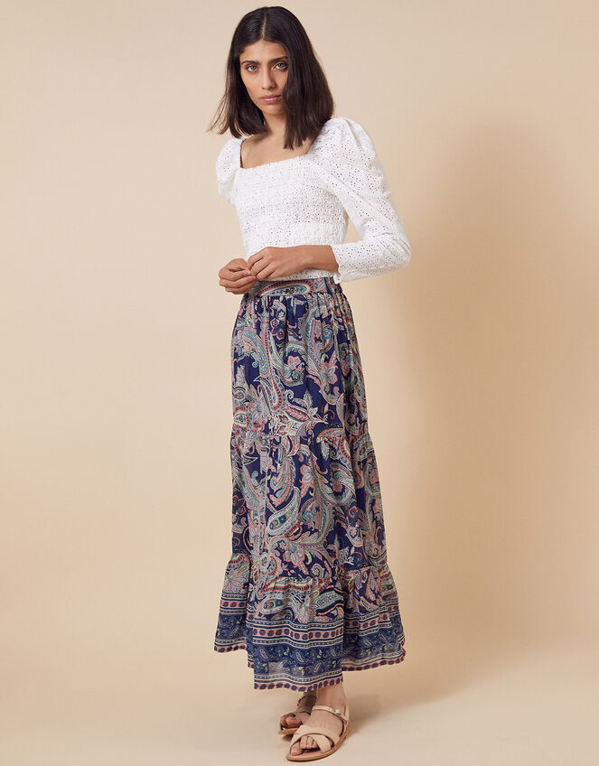 Paisley Print Tiered Midi Skirt, Blue (BLUE), large