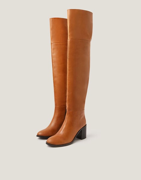 Bronte Leather Thigh High Heeled Boots, Tan (TAN), large