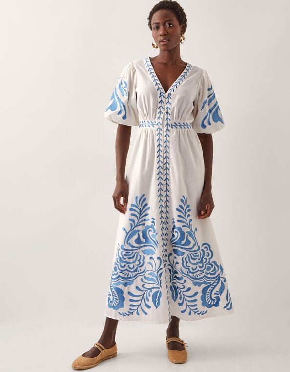 Maria Embroidered Puff Sleeve Midi Dress, White (WHITE), large