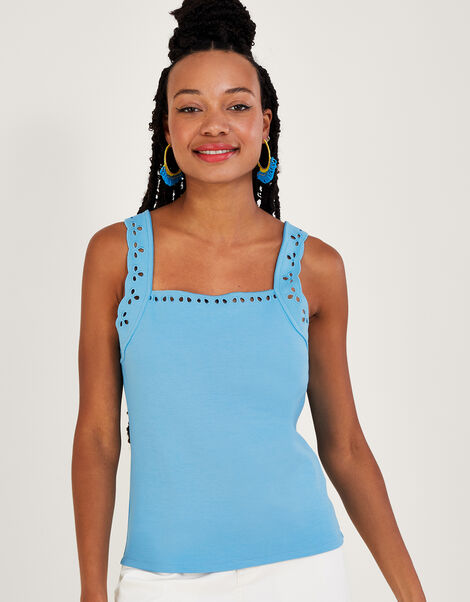 Jersey Cutwork Cami Tank Top, Blue (BLUE), large