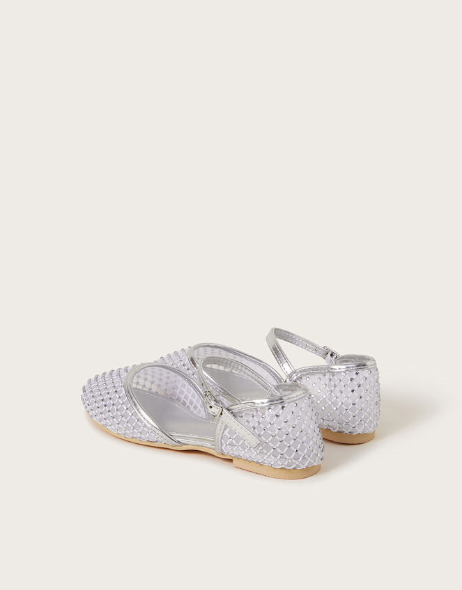 Two-Part Diamante Mesh Ballerina Flats, Silver (SILVER), large