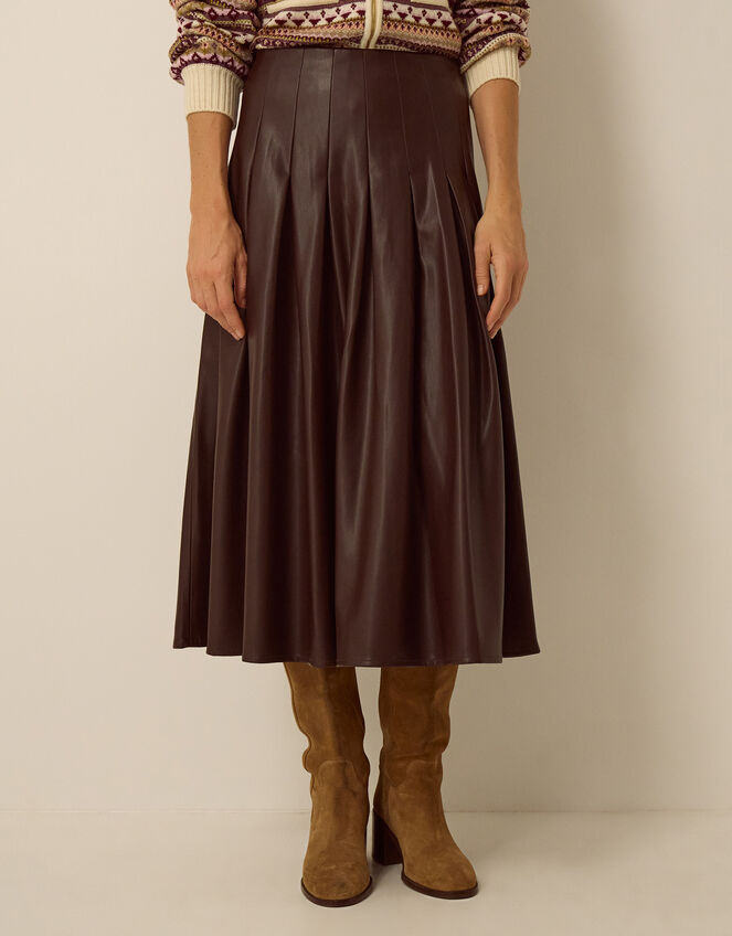 Ottie Pleated Midi Skirt, Brown (BROWN), large