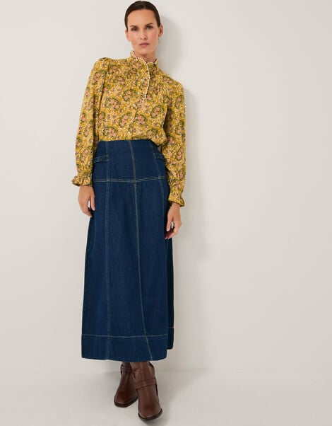 Brooke Seamed Denim Midi Skirt, Blue (INDIGO), large