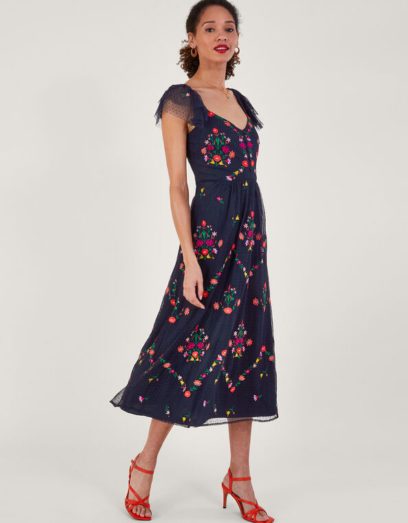 Bonnie Floral Embroidered Tea Dress, Blue (NAVY), large