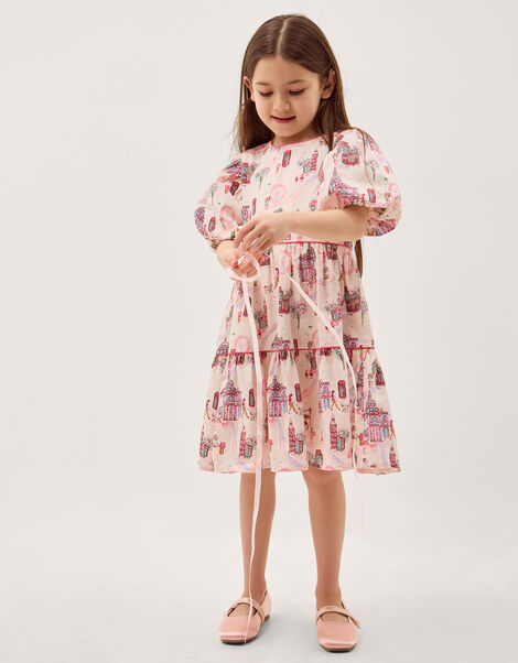 London Print Puff Sleeve Dress, Ivory (IVORY), large