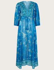 Floral Print Border Maxi Dress in Sustainable Cotton, Blue (BLUE), large