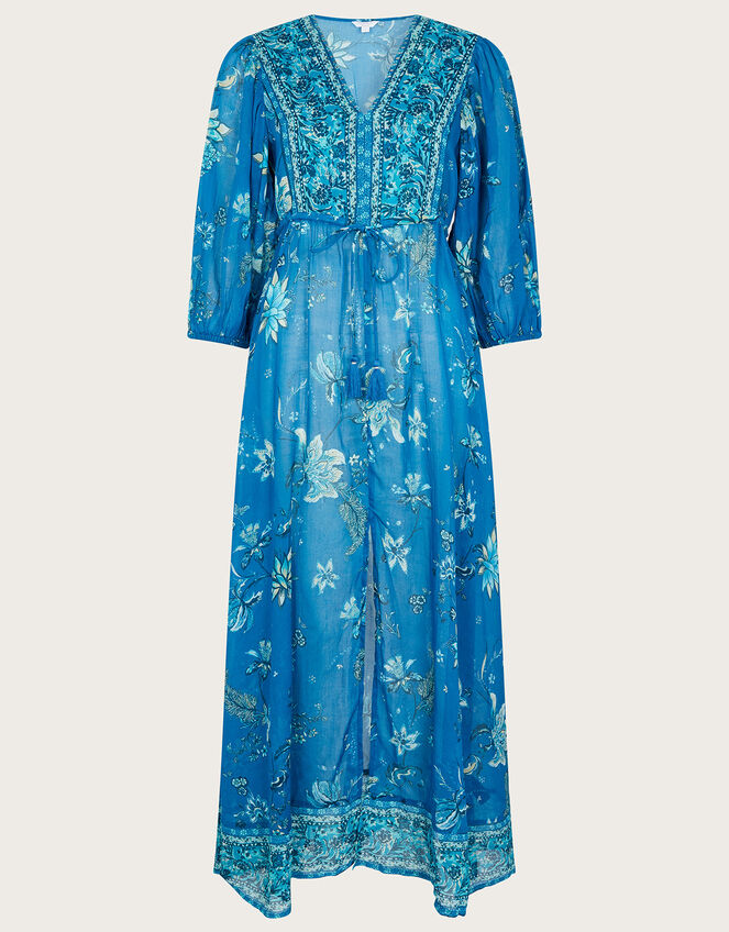 Floral Print Border Maxi Dress in Sustainable Cotton, Blue (BLUE), large