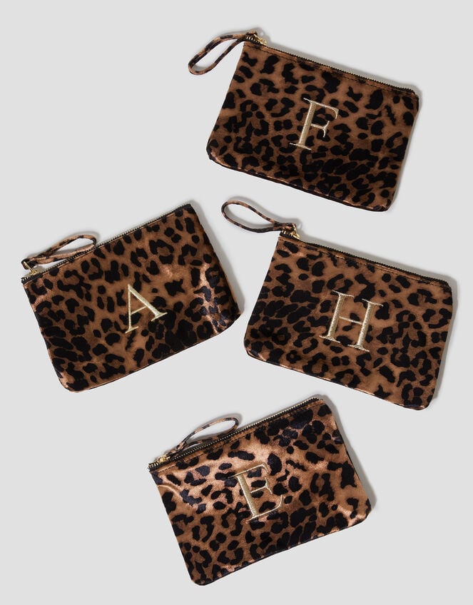 Leopard Print Velvet Initial Purse, Brown (BROWN), large