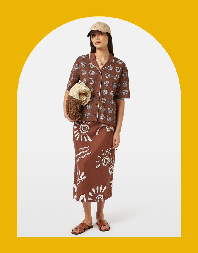 Abstract Print Midi Wrap Skirt, Brown (BROWN), large