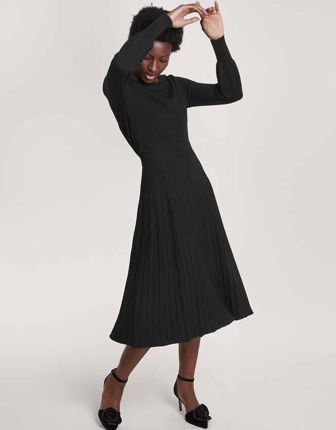 Pleat Trim Slash Neck Midi Dress, Black (BLACK), large