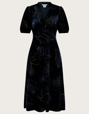 Fleur Feather Print Velvet Midi Dress	, Black (BLACK), large