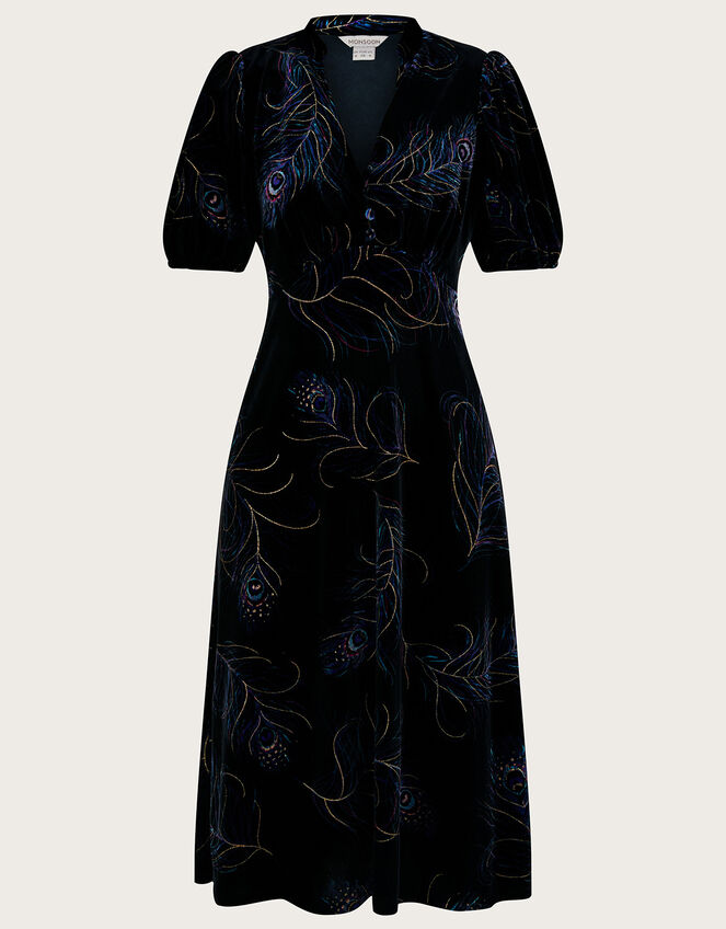 Fleur Feather Print Velvet Midi Dress	, Black (BLACK), large