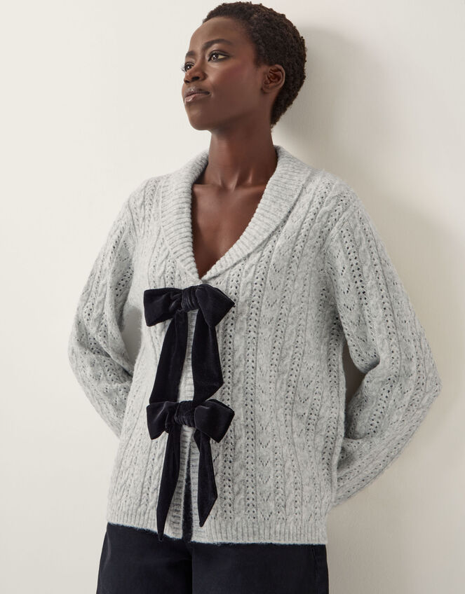 Bria Bow Cable Knit Cardigan, Gray (GREY), large