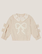 Bow Embellished Collar Sweatshirt, Ivory (IVORY), large