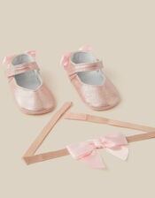 Baby Bow Metallic Booties & Headband Set, Pink (PINK), large