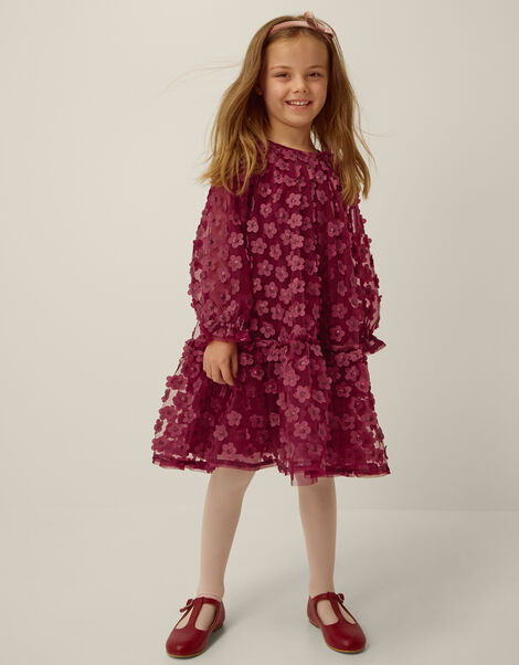 Nayla Long Sleeve Appliqu&eacute; Party Dress, Red (BURGUNDY), large