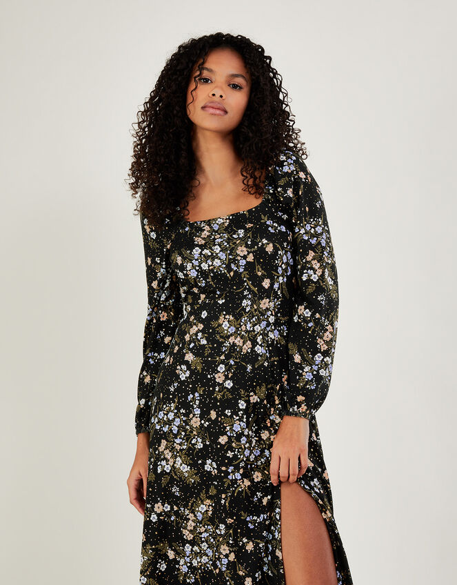 Floral Square Neck Split Jersey Dress, Black (BLACK), large