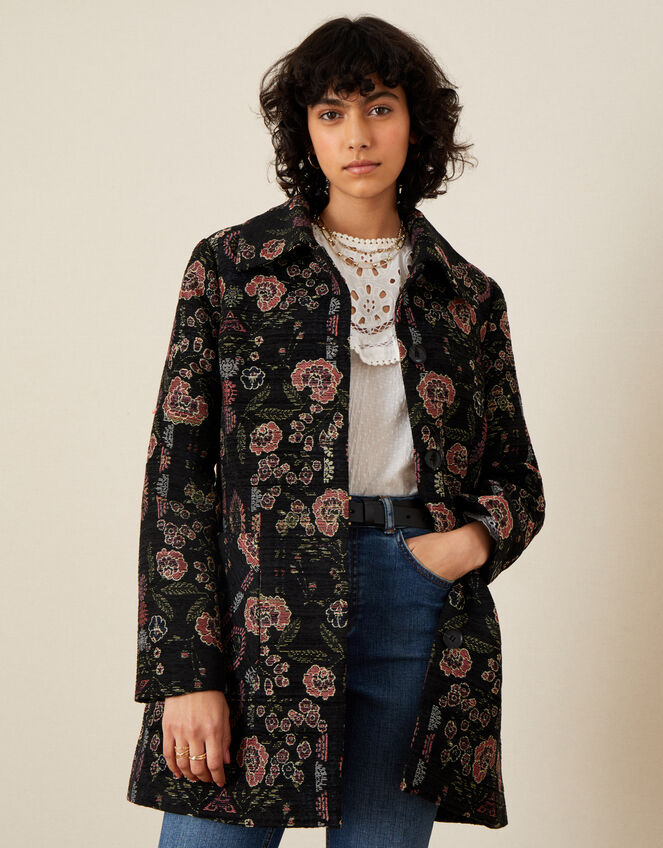 Jackie Floral Jacquard Coat, Black (BLACK), large