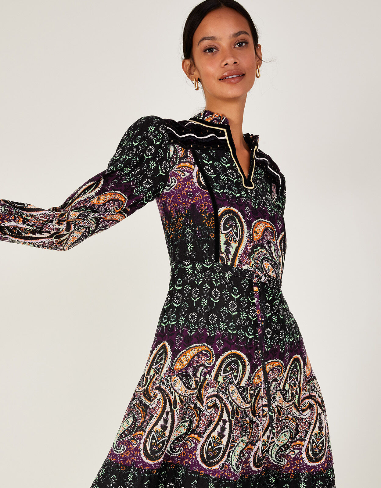 Paisley Print Embroidered Dress in LENZING™ ECOVERO™ Black