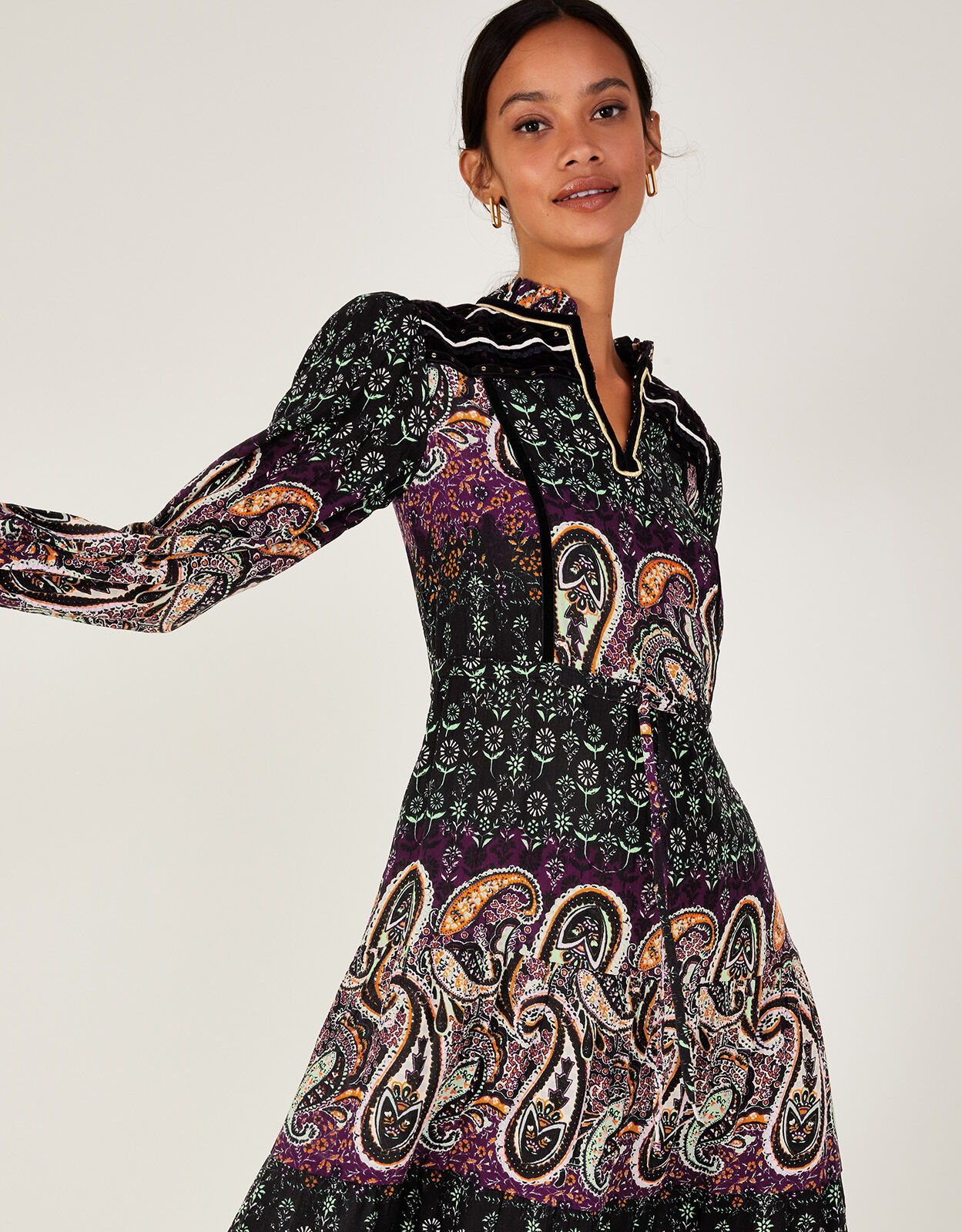 Paisley Print Embroidered Dress in LENZING ECOVERO Black