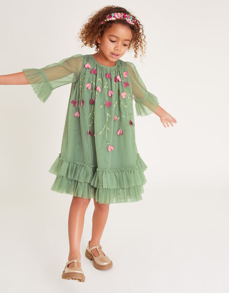 Long Sleeve 3D Petal Trapeze Dress, Green (GREEN), large
