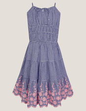 Embroidered Gingham Sun Dress, Blue (NAVY), large