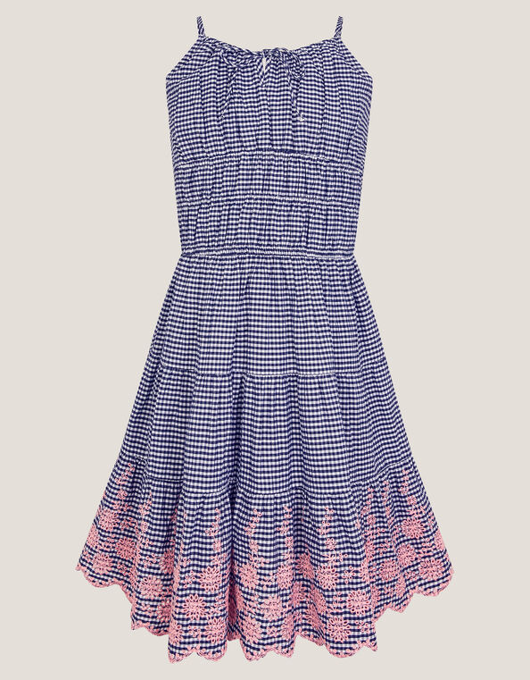 Embroidered Gingham Sun Dress, Blue (NAVY), large