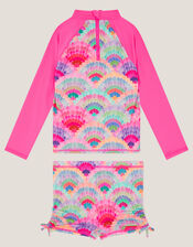 Rainbow Shell Print UPF50+ Long Sleeve Swim Set, Pink (PINK), large