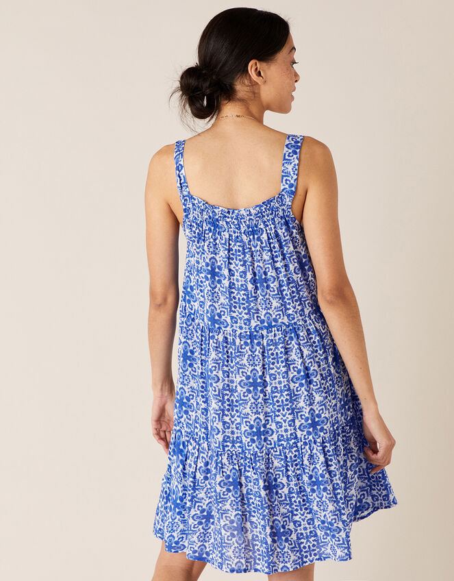 Beaded Neckline Printed Dress, Blue (BLUE), large