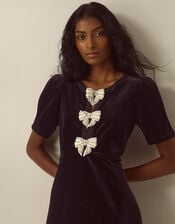 Bella Puff Sleeve Embellished Bow Velvet Dress, Black (BLACK), large