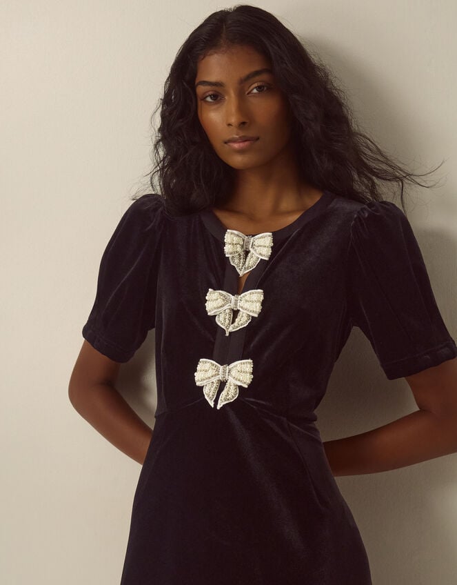 Bella Puff Sleeve Embellished Bow Velvet Dress, Black (BLACK), large