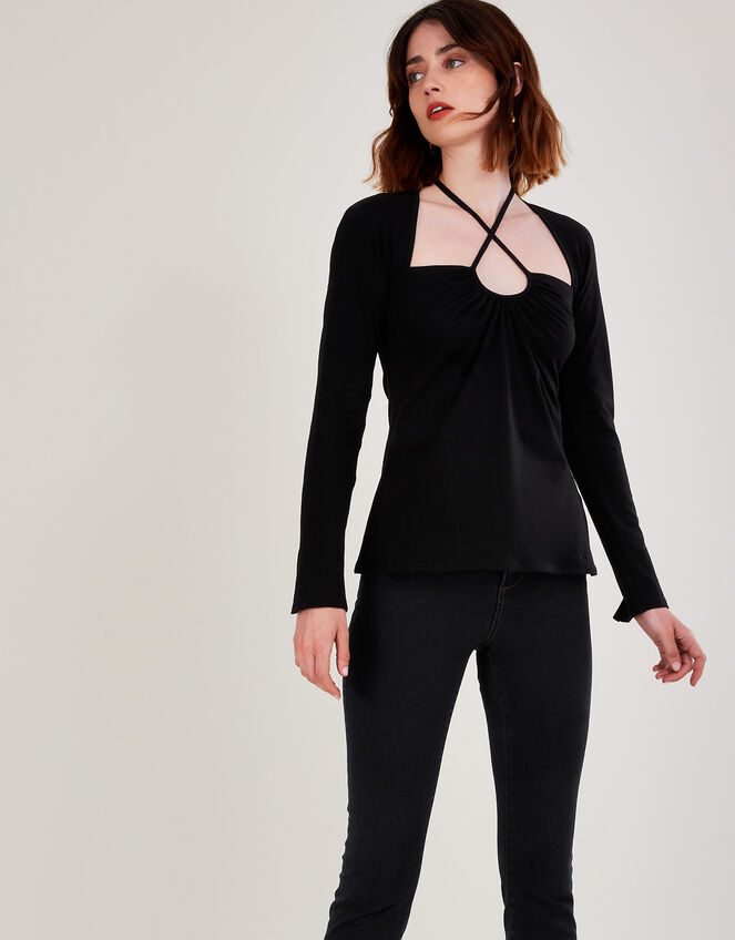 Cut-Out Halter Jersey Top, Black (BLACK), large