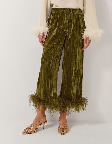 Olivia Feather Cuff Velvet Pants, Green (OLIVE), large