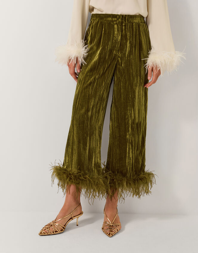 Olivia Feather Cuff Velvet Pants, Green (OLIVE), large