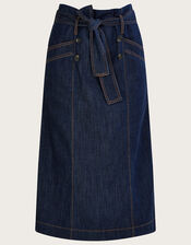 Denim Belted Button Front Skirt, Blue (INDIGO), large