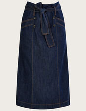 Denim Belted Button Front Skirt, Blue (INDIGO), large