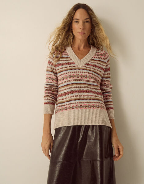Fara V-Neck Fair Isle Jumper, Mink (MINK), large