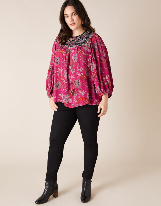 Paisley Print Embroidered Top in Sustainable Viscose, Pink (PINK), large