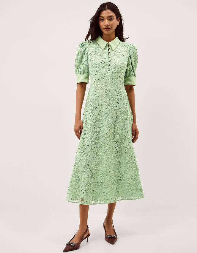 Bridget Puff Sleeve Lace Midi Dress, Green (MINT), large