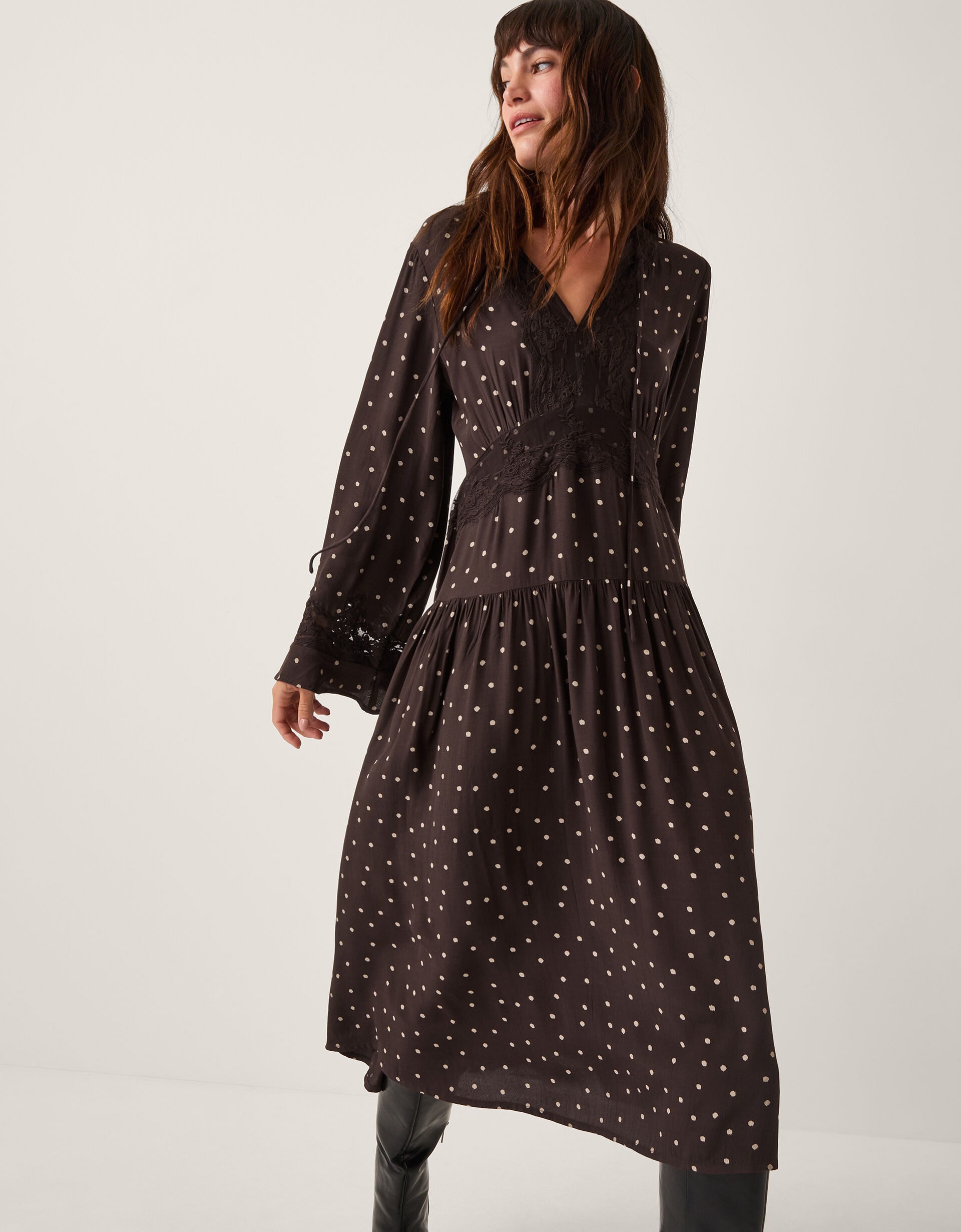 Mackie Polka Dot Lace Midi Dress Brown | Day Dresses | Monsoon ROI.